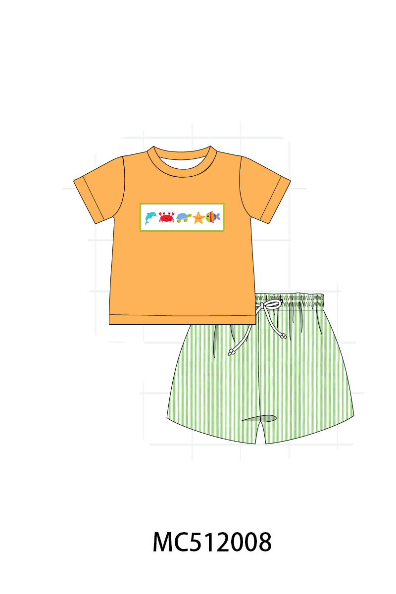 PO76 Green seersucker marine creatrue smocked collection