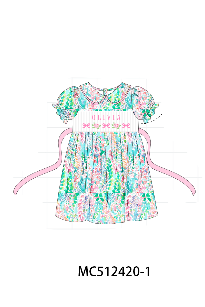 PO76 Green bow floral monogram smocked collection