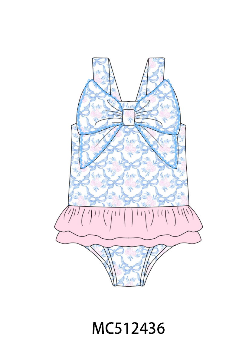 PO76 Floral bow tie print ruffle swimsuit collection