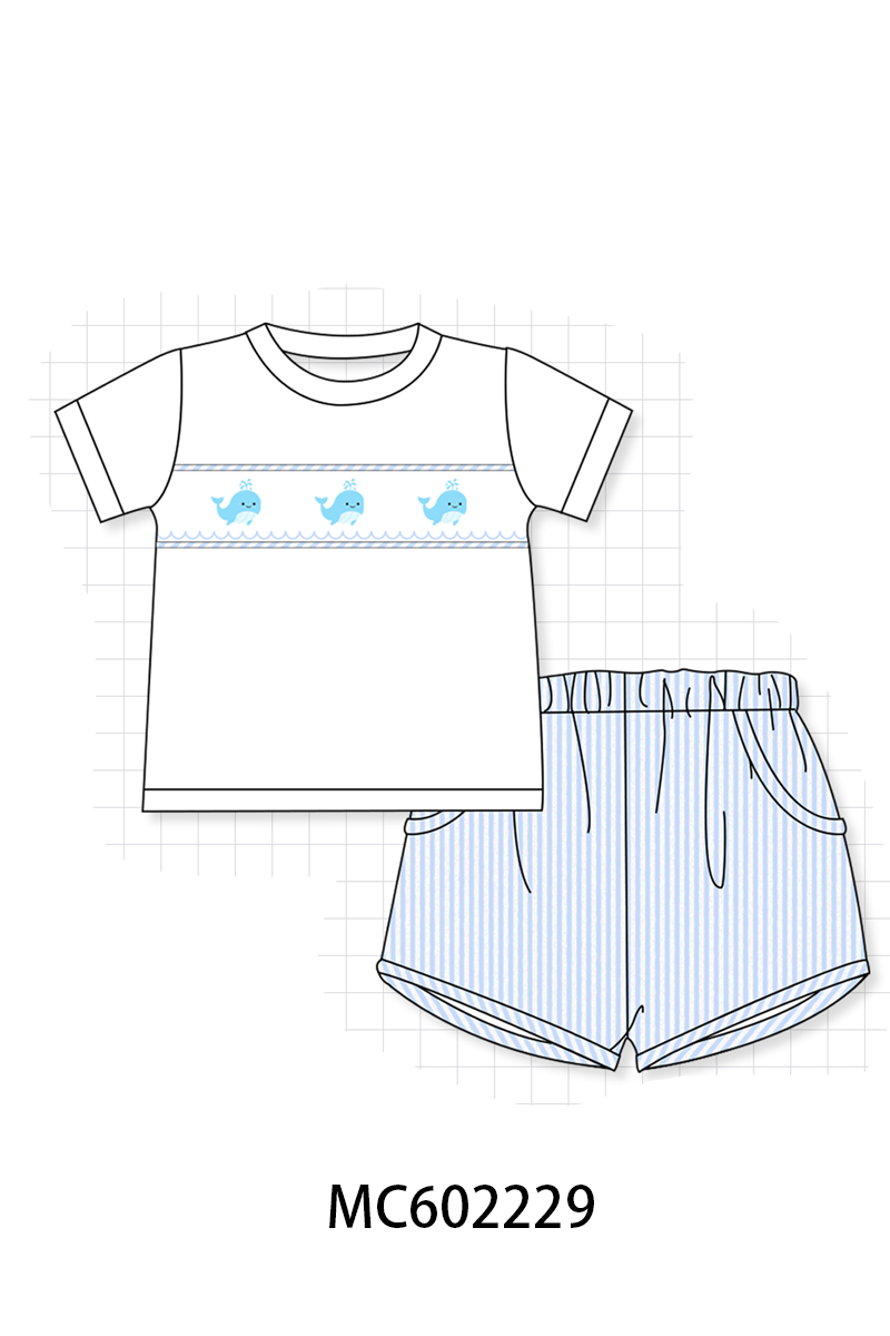 PO81 Blue stripe seersucker whale embroidery smocked collection