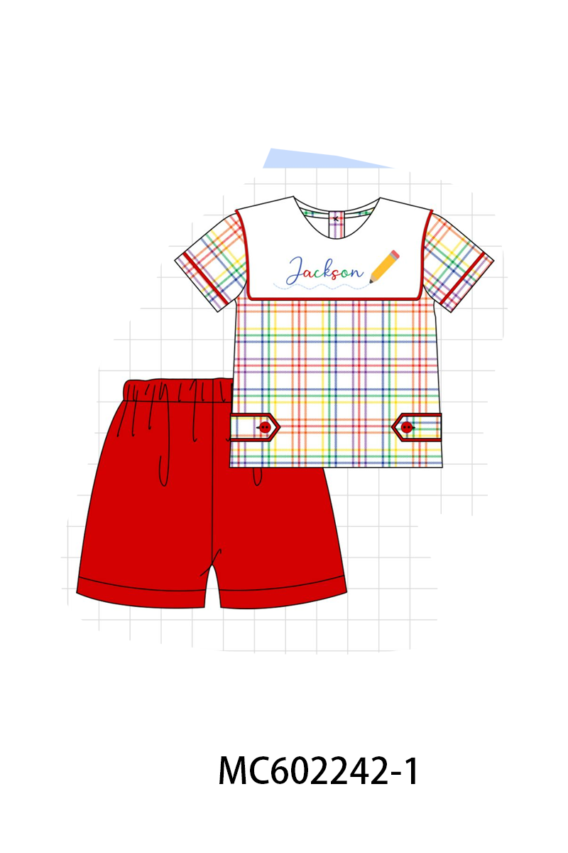 PO81 Red back to school pencil monogram embroidery plaid collection