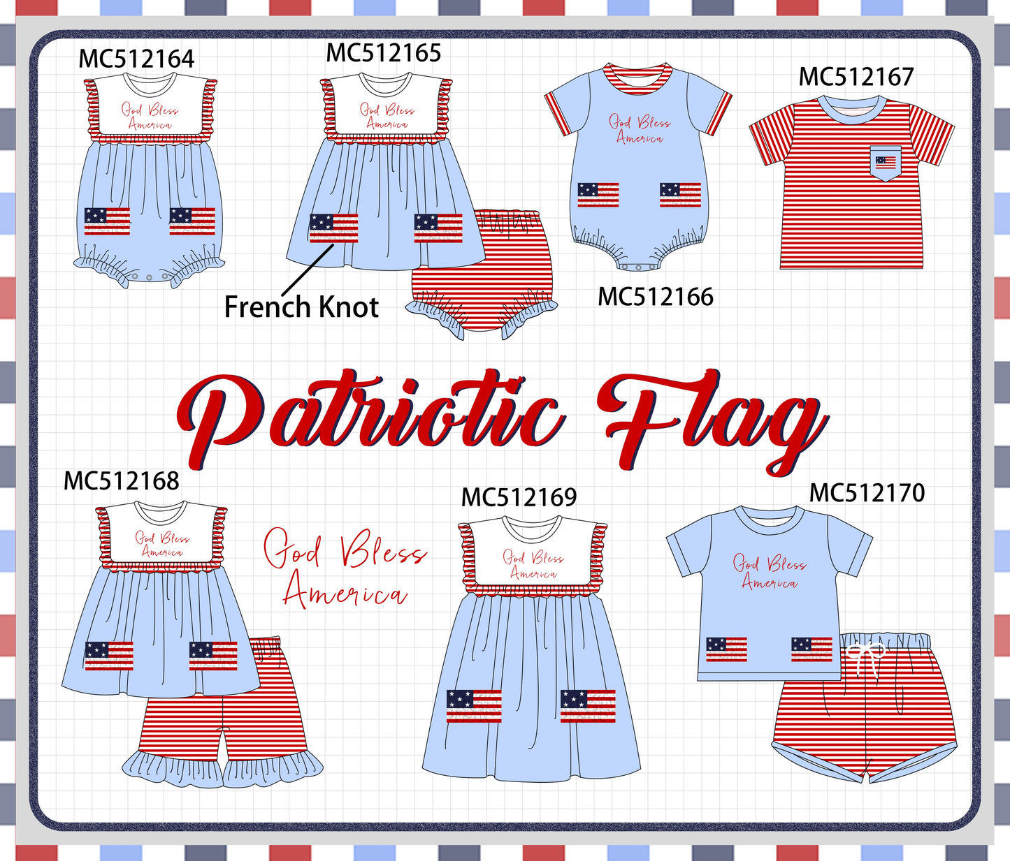 PO76 Blue Patriotic God Bless America flag french knot collection