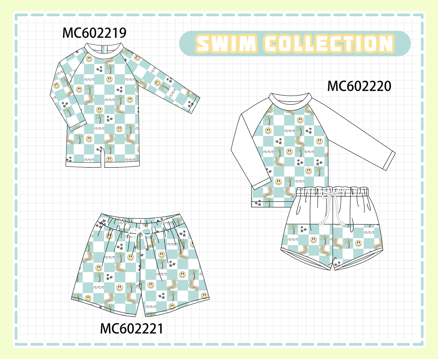 PO81 Blue checkered smile print swimsuit collection