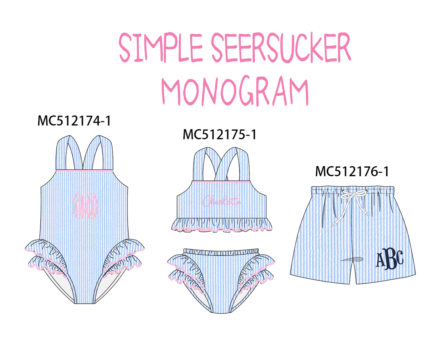 PO76 Blue monogram embroidery seersucker swimsuit collection