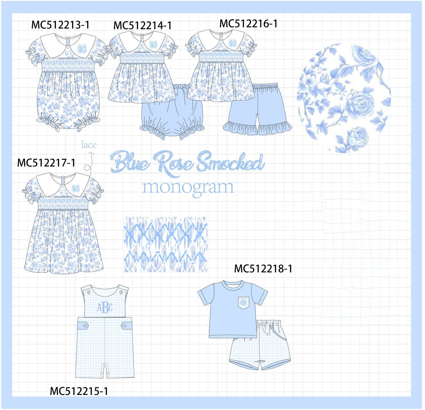 PO76 Blue rose monogram embroidery smocked collection