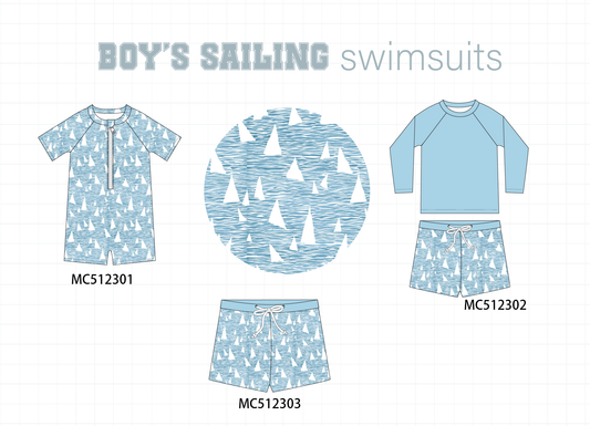 PO76 Blue sailboat boy swimsuit collection