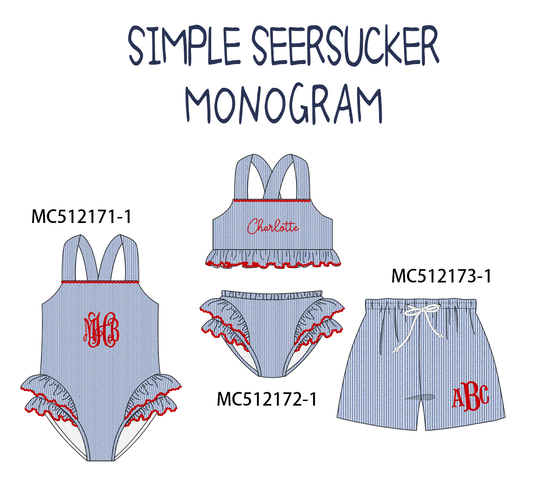PO76 Blue seersucker monogram swimsuit collection