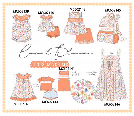 PO81 Coral floral jesus loves me smocked collection