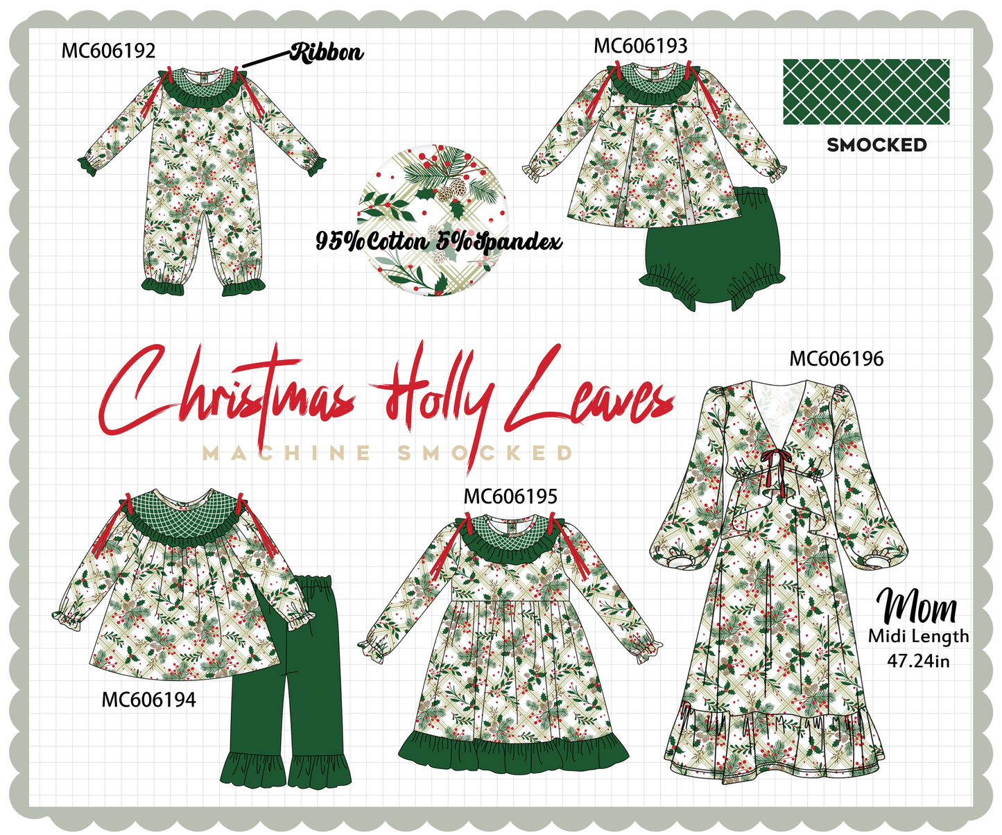 PO95 Forest christmas holly leaves smocked collection