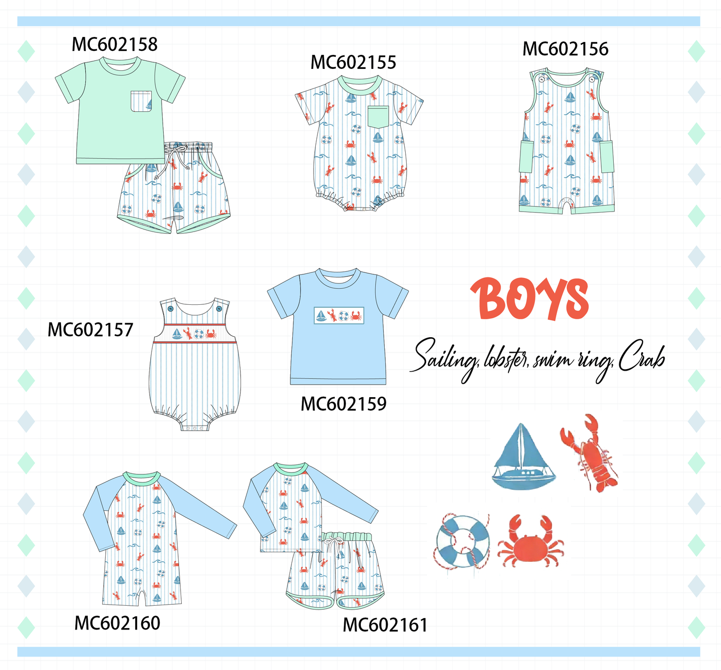 PO81 Green&blue sailboat lobster swimsuit collection