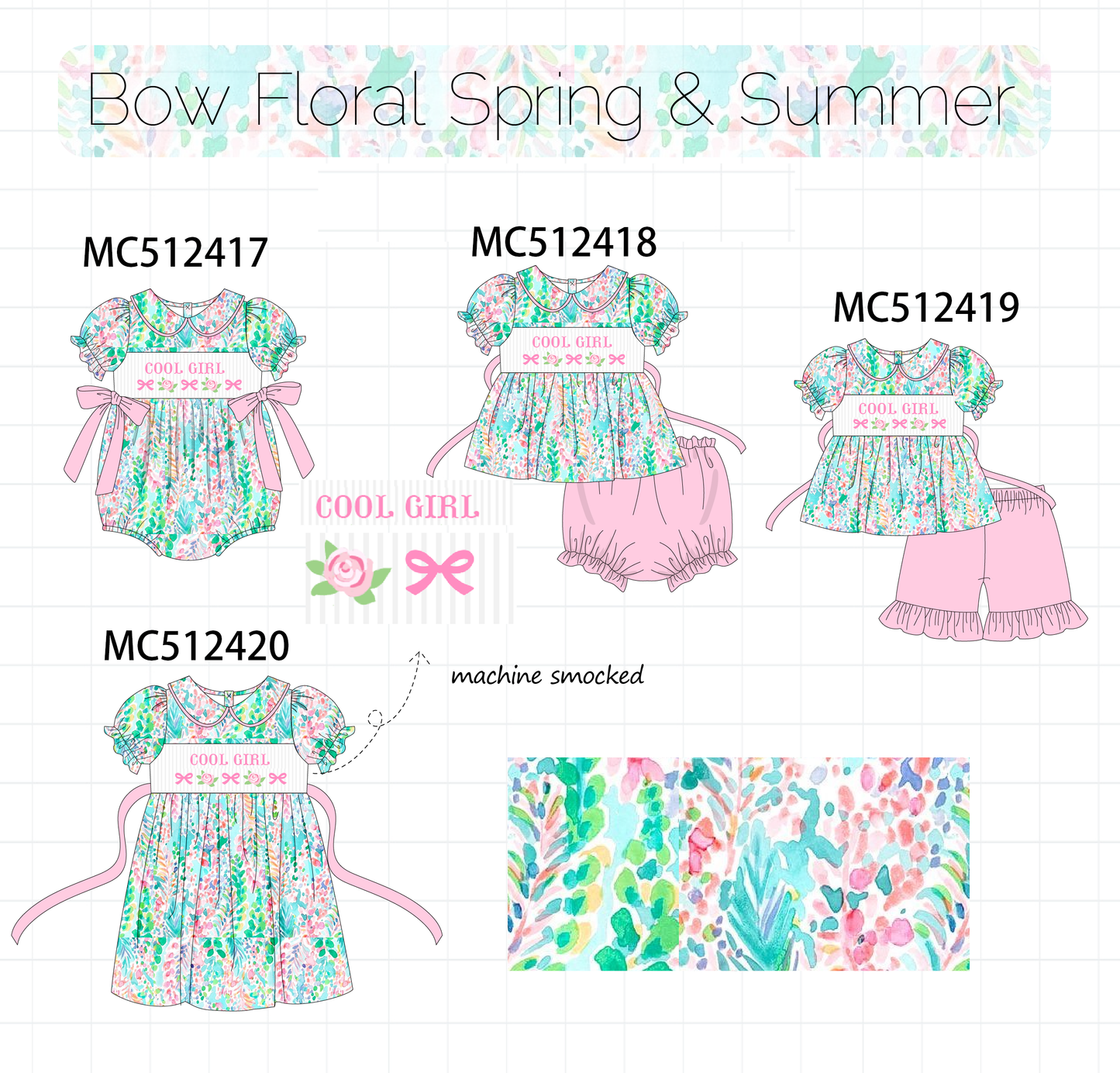 PO76 Green bow floral COOL GIRL smocked collection