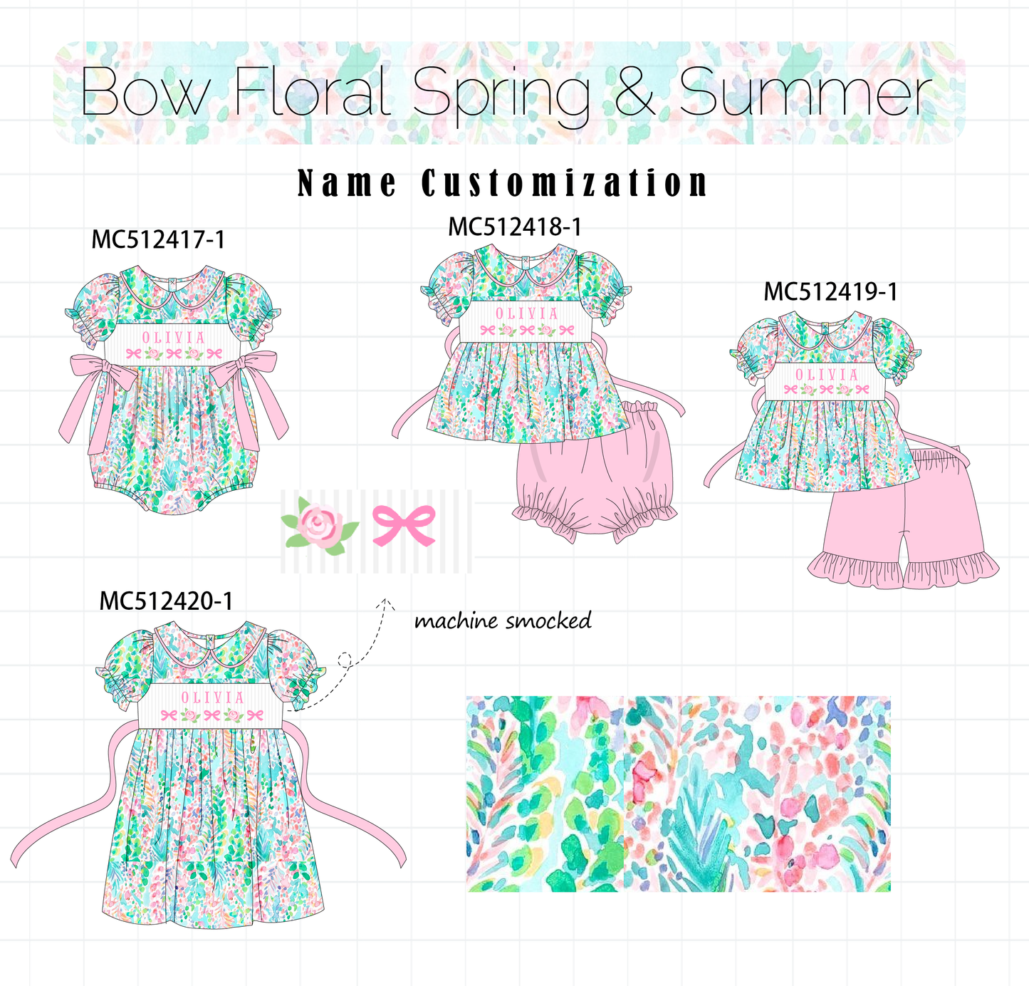 PO76 Green bow floral monogram smocked collection
