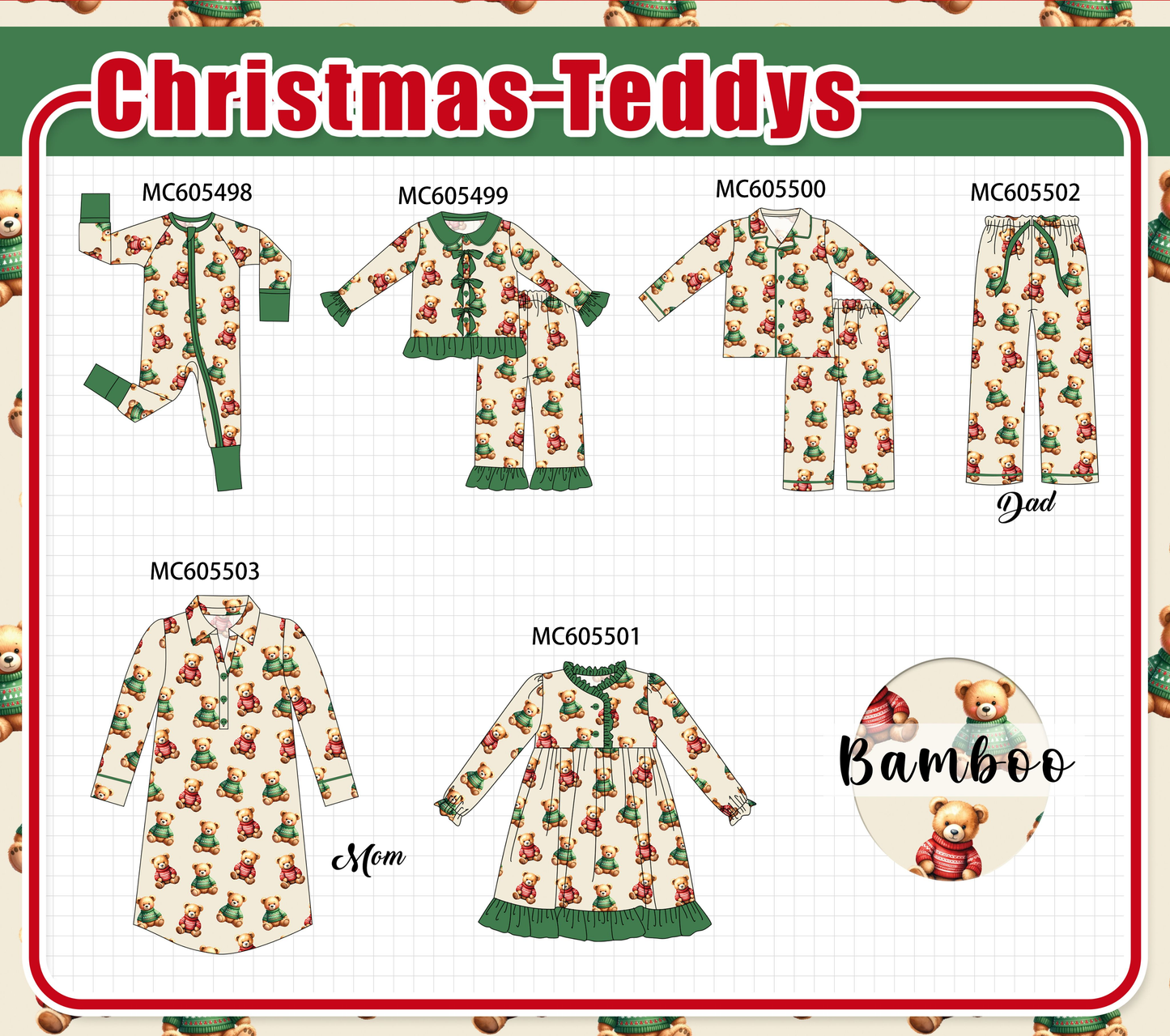 PO93 Green christmas teddy print bamboo collection