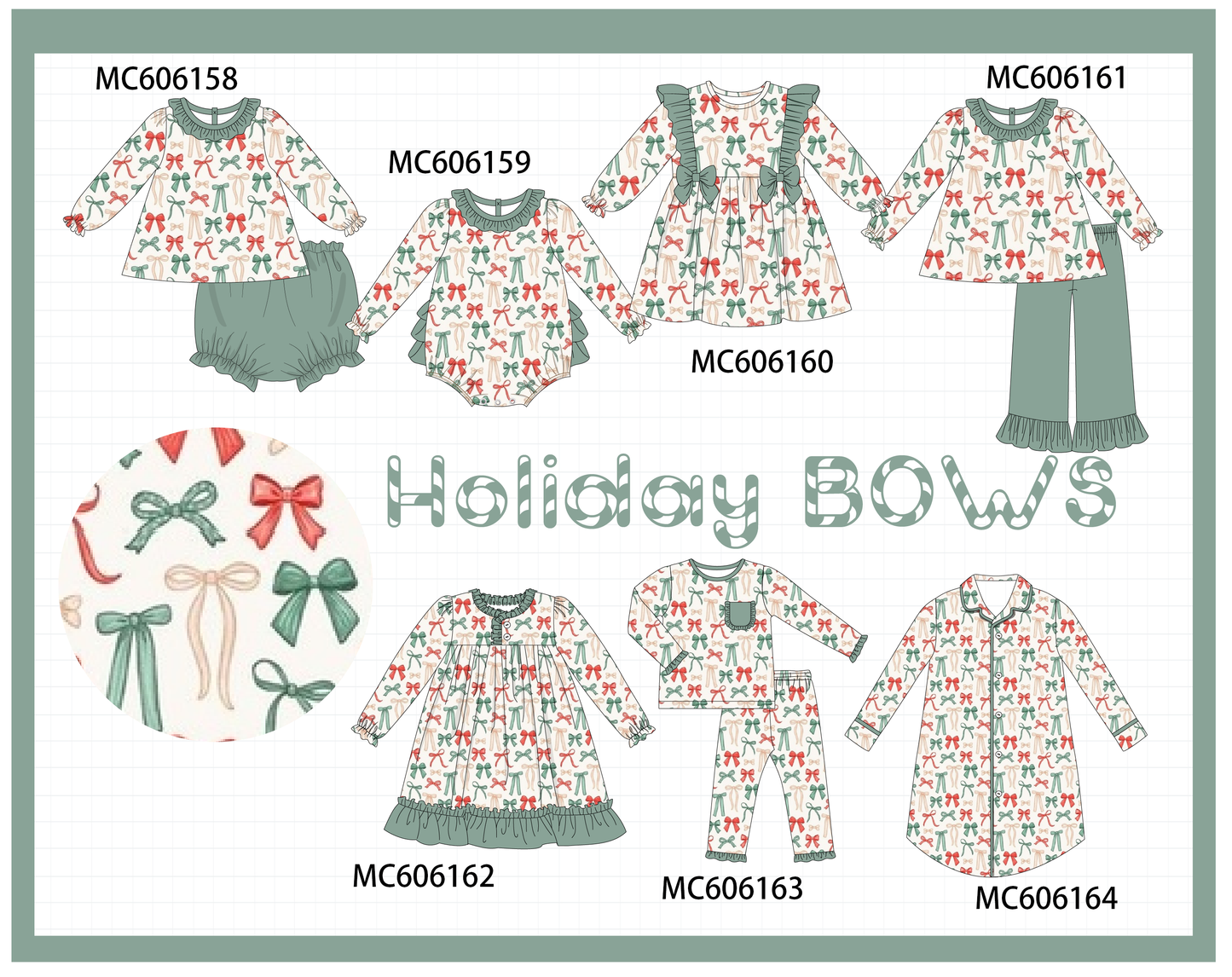 PO95 Green holiday bow print ruffle collection
