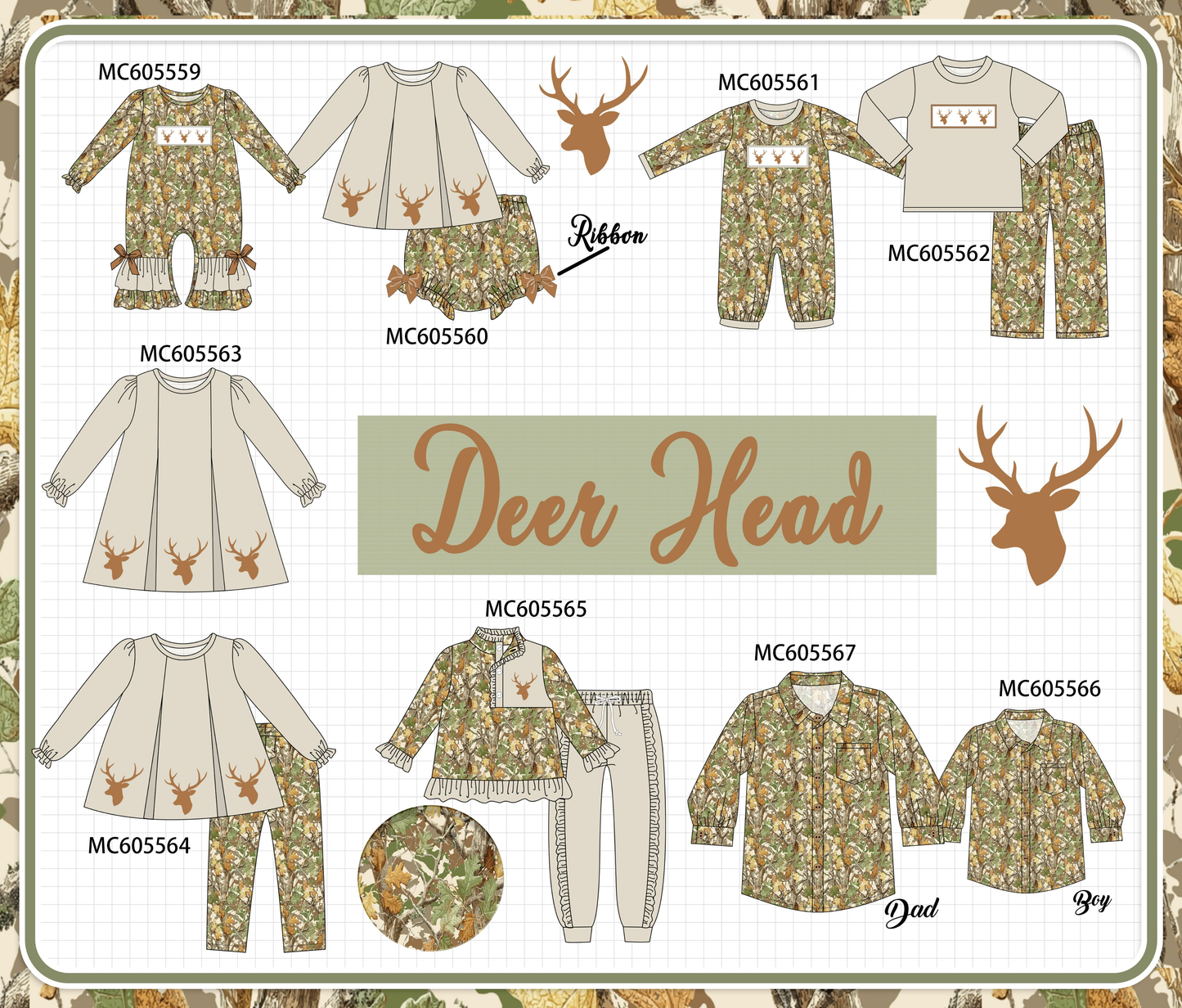 PO93 Green leaves deer embroidery collection