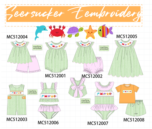 PO76 Green seersucker marine creatrue smocked collection