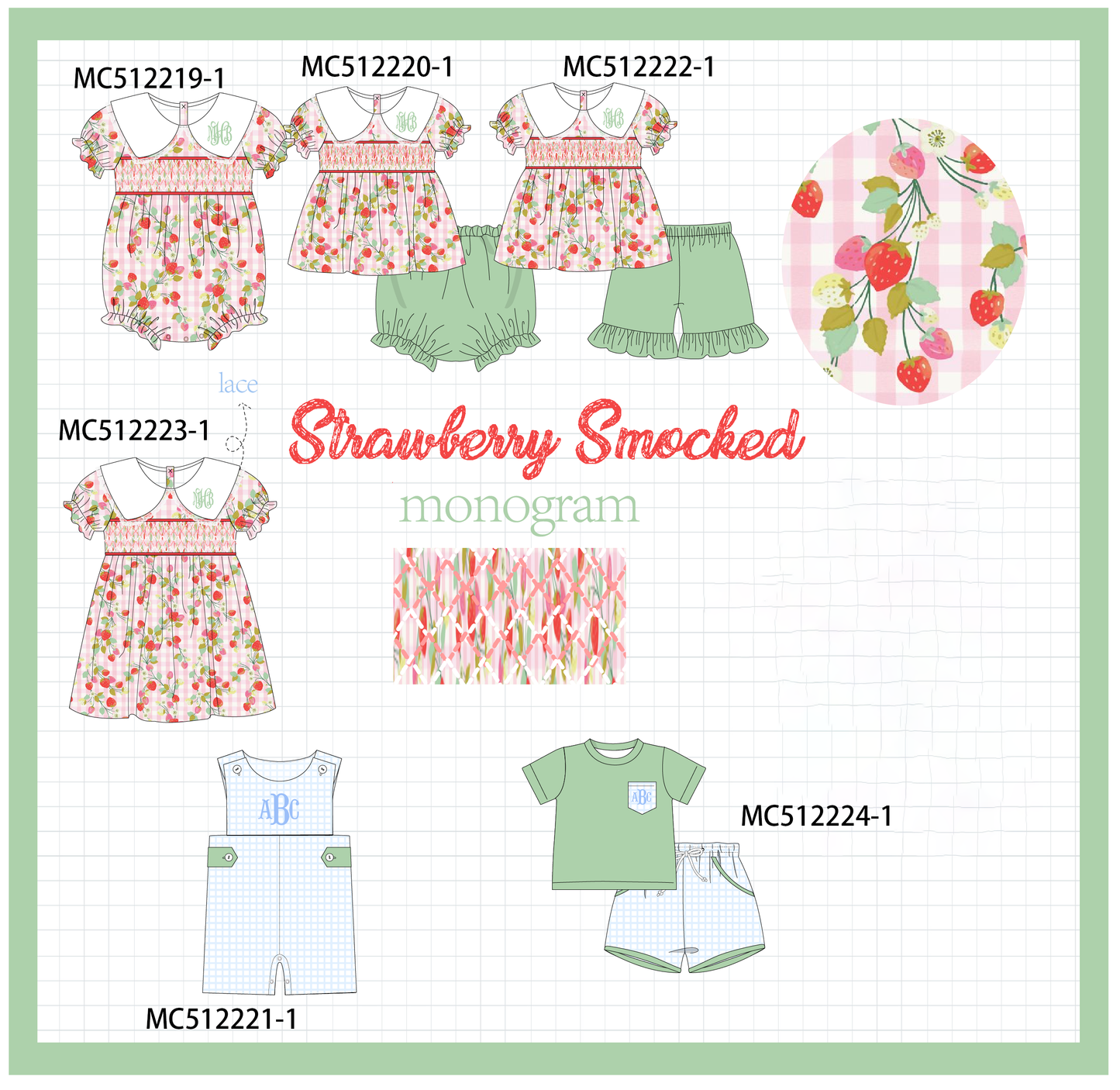 PO76 Green monogram strawberry smocked gingham collection