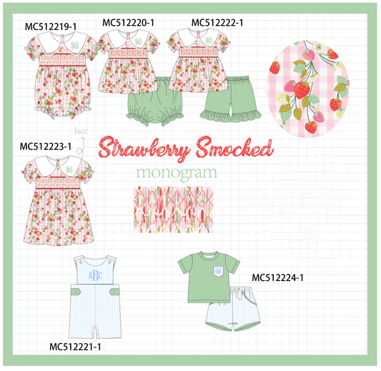 PO76 Green monogram strawberry smocked gingham collection