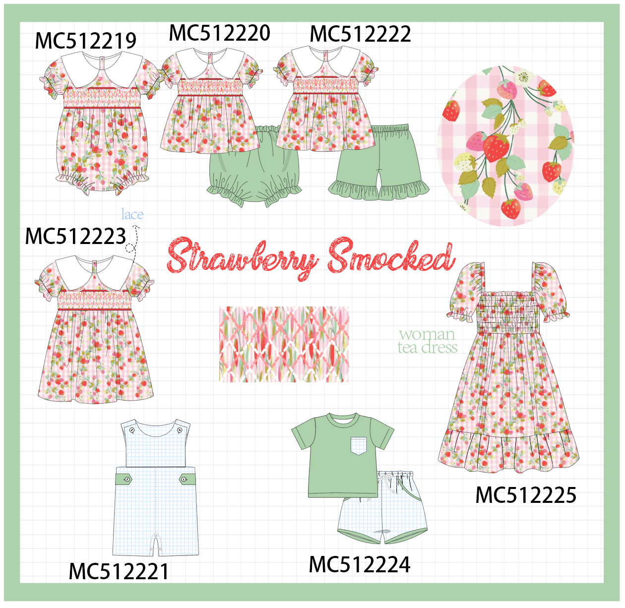 PO76 Green strawberry smocked gingham collection
