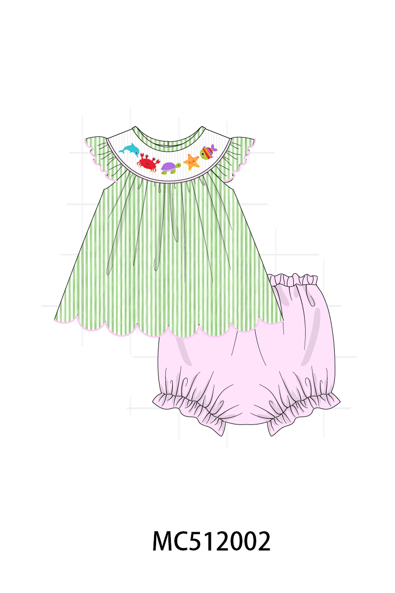 PO76 Green seersucker marine creatrue smocked collection