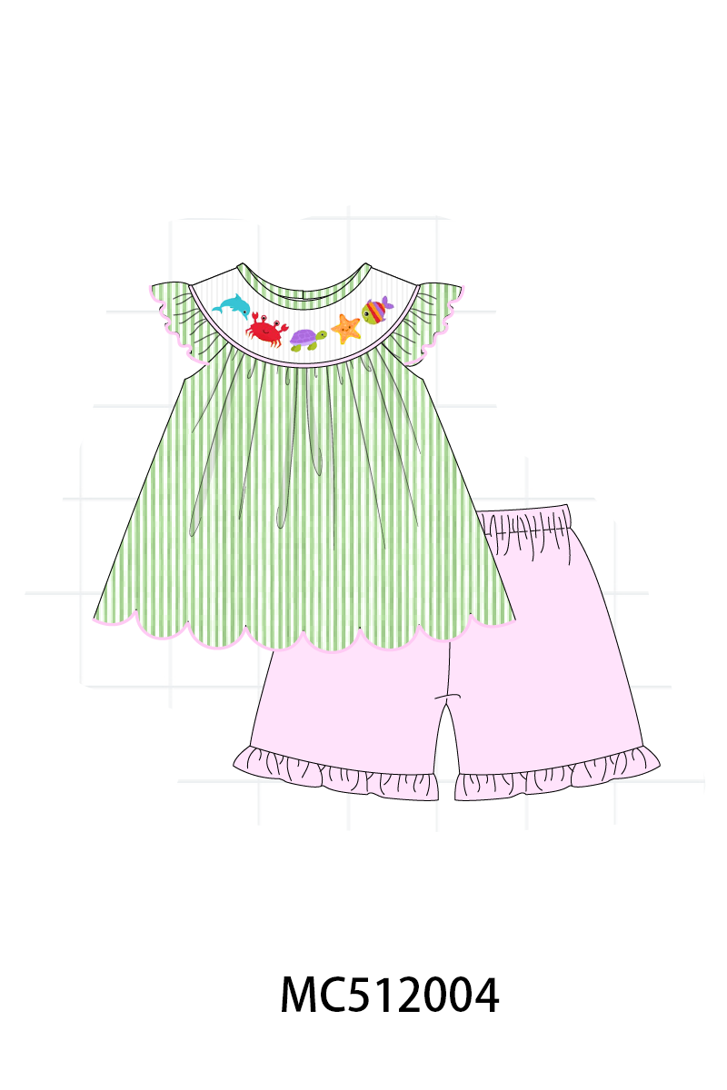 PO76 Green seersucker marine creatrue smocked collection