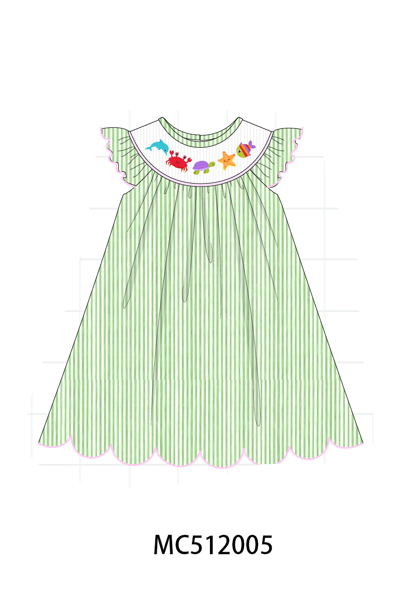 PO76 Green seersucker marine creatrue smocked collection