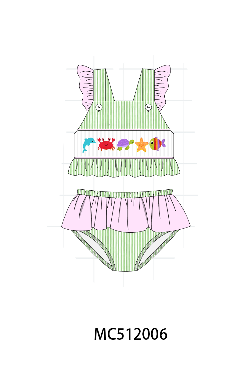 PO76 Green seersucker marine creatrue smocked collection