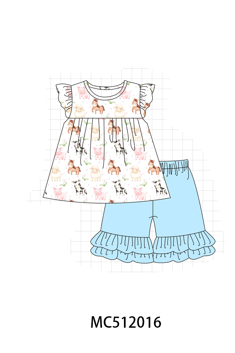 PO76 Blue farm animals print ruffle collection