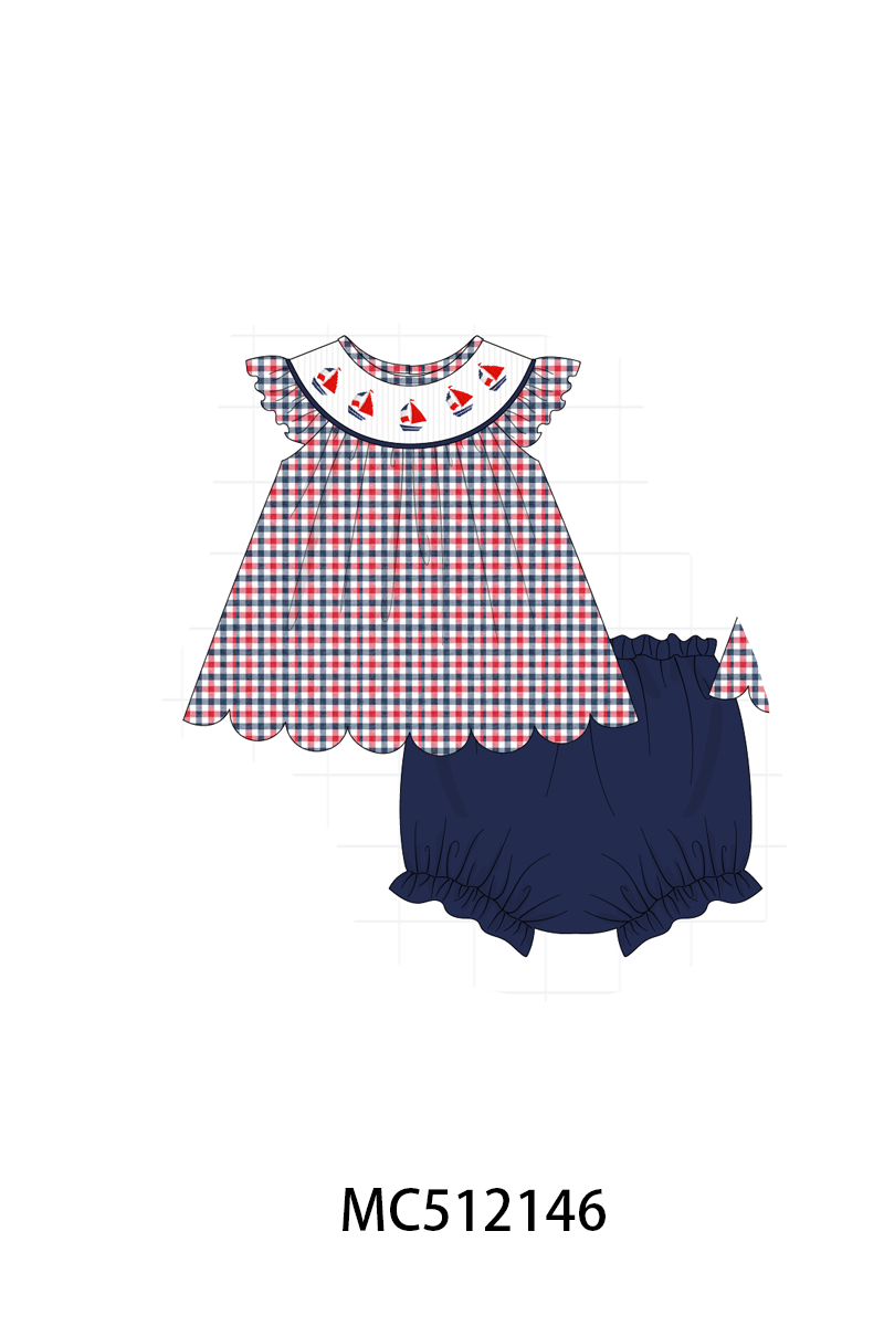 PO76 Navy Patriotic sailboat smocked gingham collection
