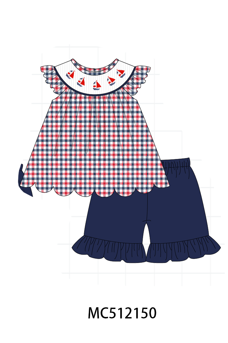 PO76 Navy Patriotic sailboat smocked gingham collection