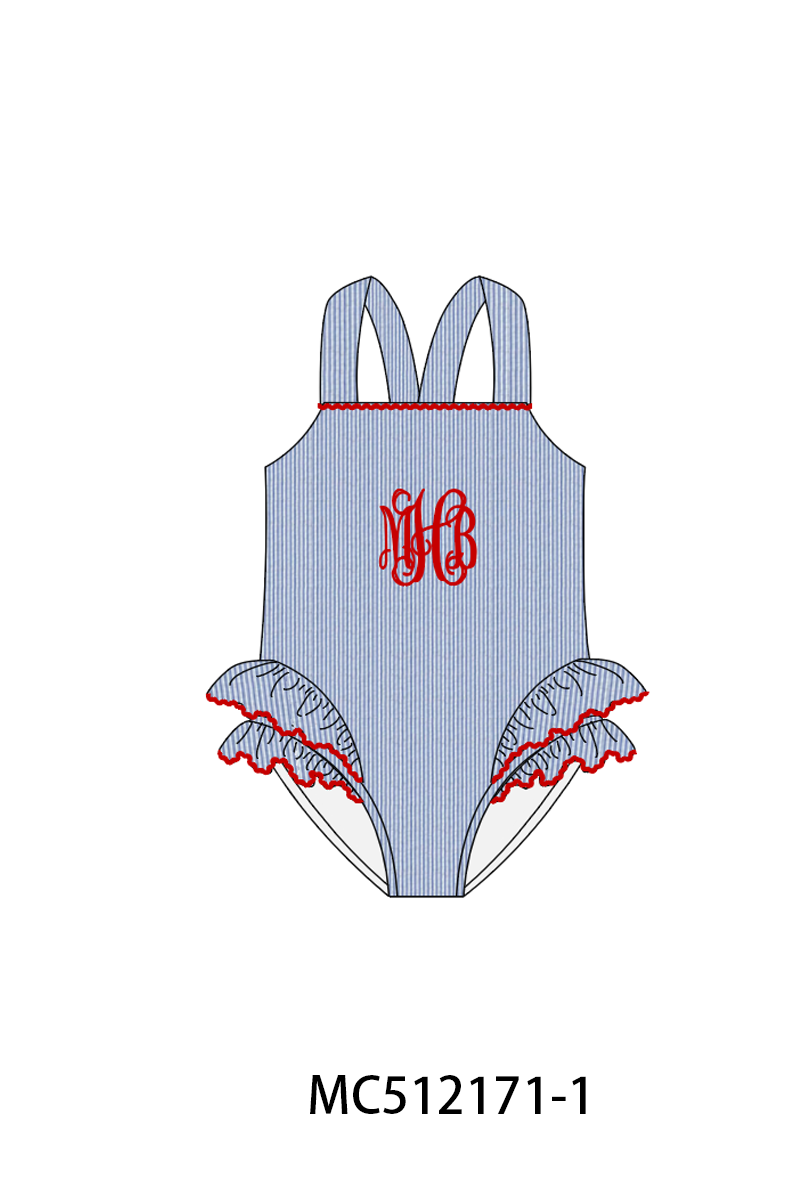 PO76 Blue seersucker monogram swimsuit collection