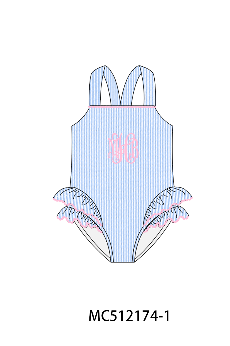 PO76 Blue monogram embroidery seersucker swimsuit collection