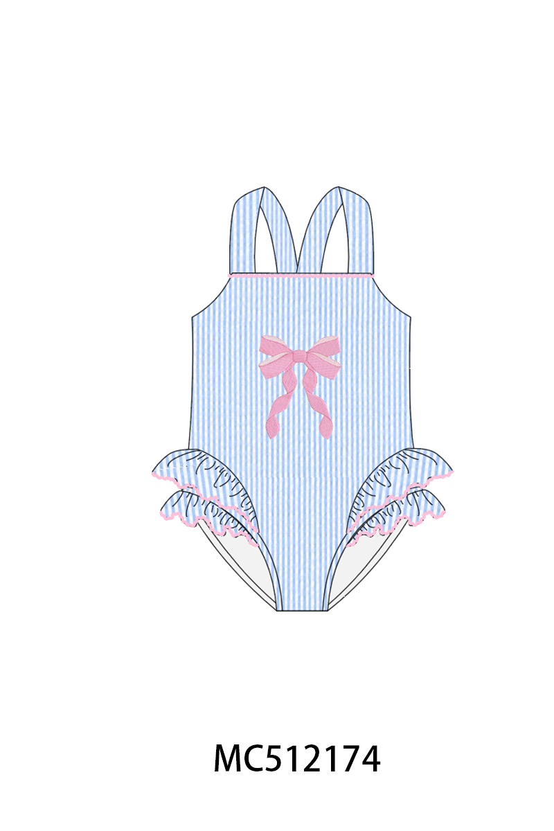 PO76 Blue bow embroidery seersucker swimsuit collection