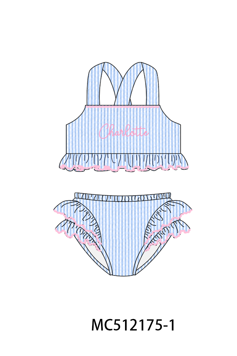 PO76 Blue monogram embroidery seersucker swimsuit collection