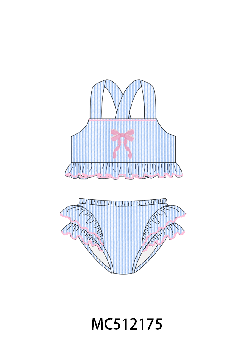PO76 Blue bow embroidery seersucker swimsuit collection