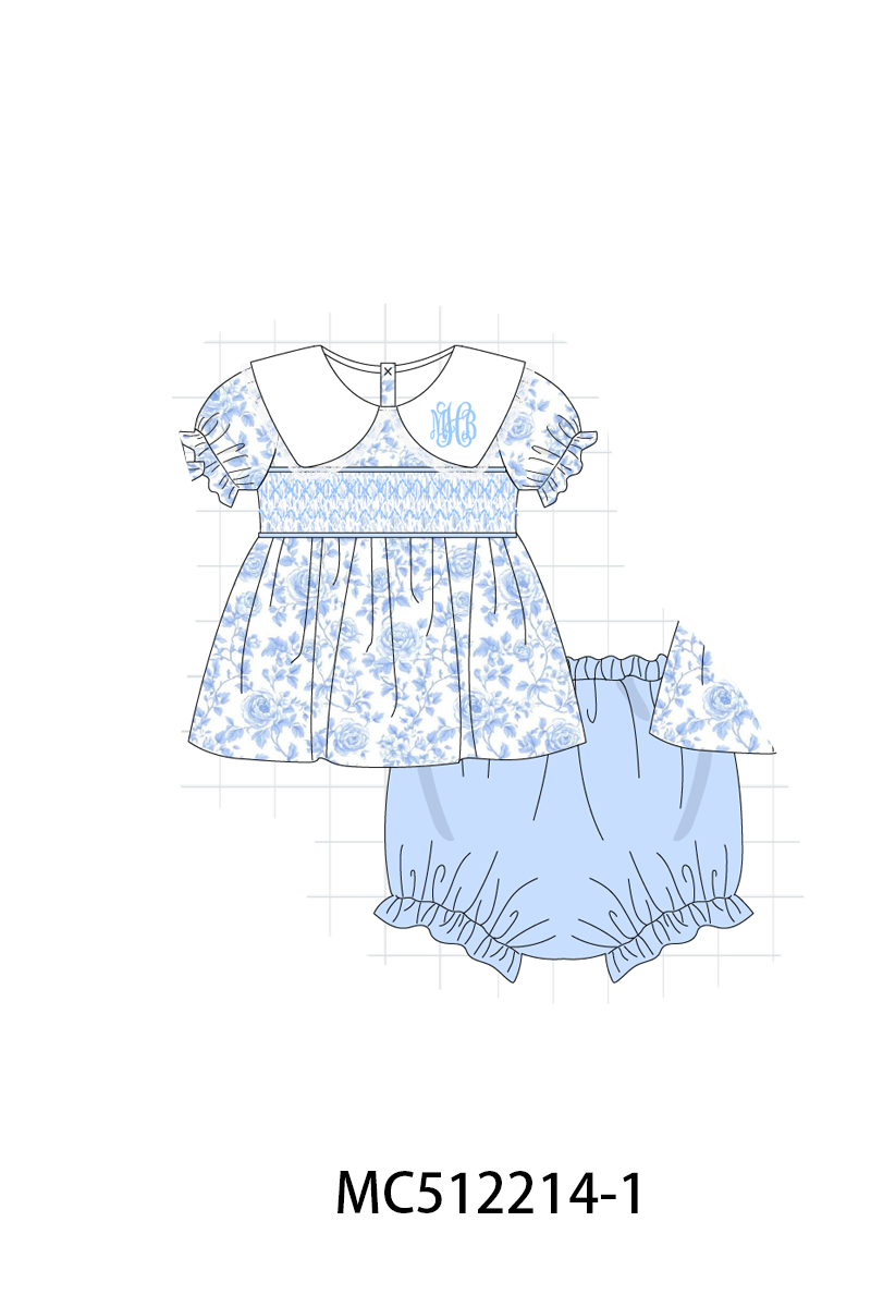 PO76 Blue rose monogram embroidery smocked collection