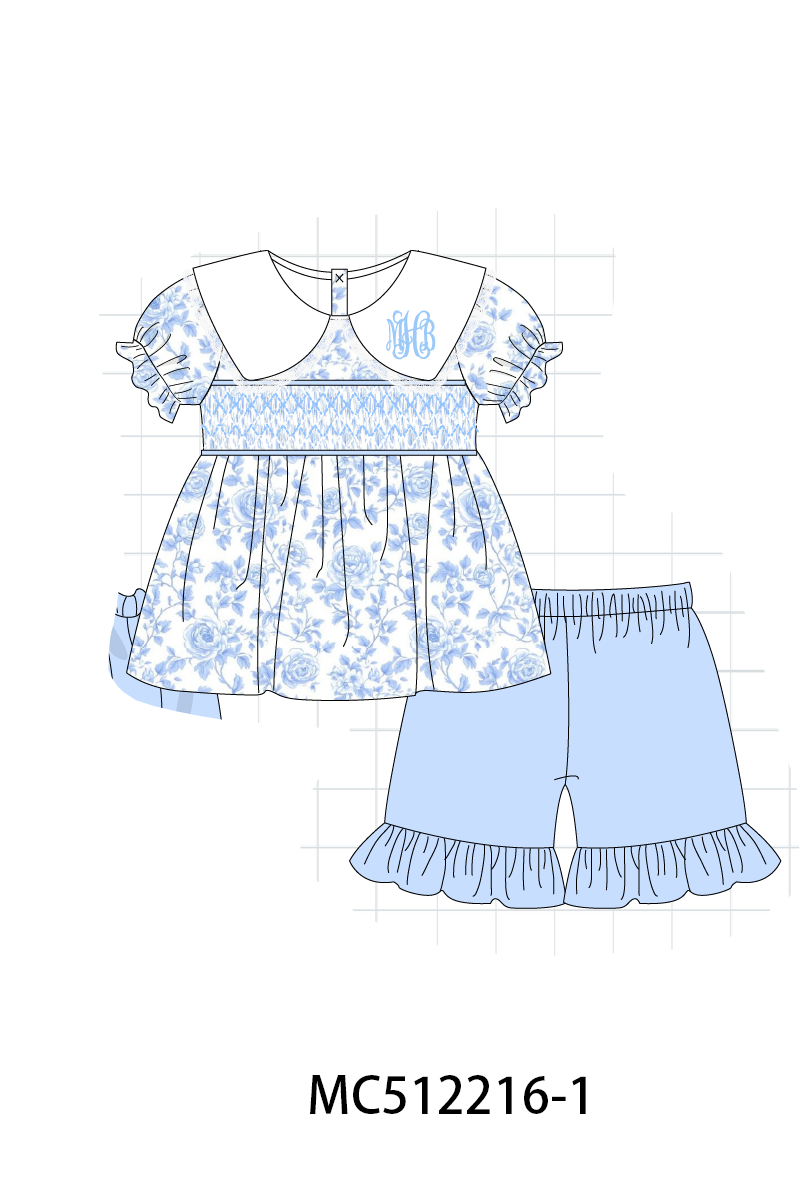 PO76 Blue rose monogram embroidery smocked collection