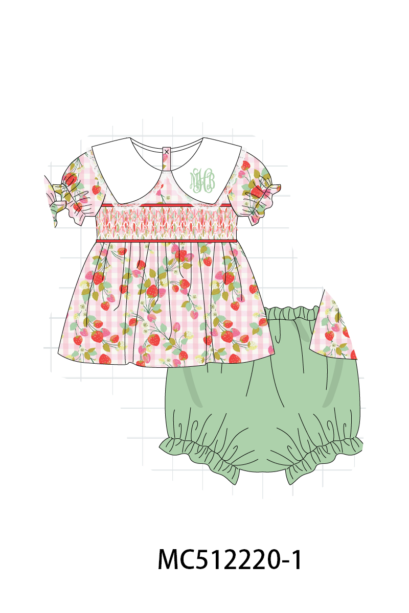 PO76 Green monogram strawberry smocked gingham collection