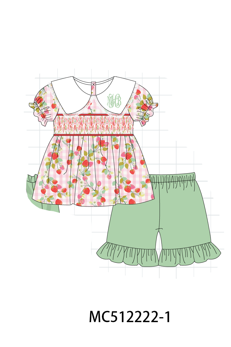 PO76 Green monogram strawberry smocked gingham collection