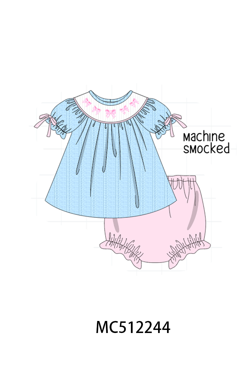 PO76 Blue bow embroidery smocked collection