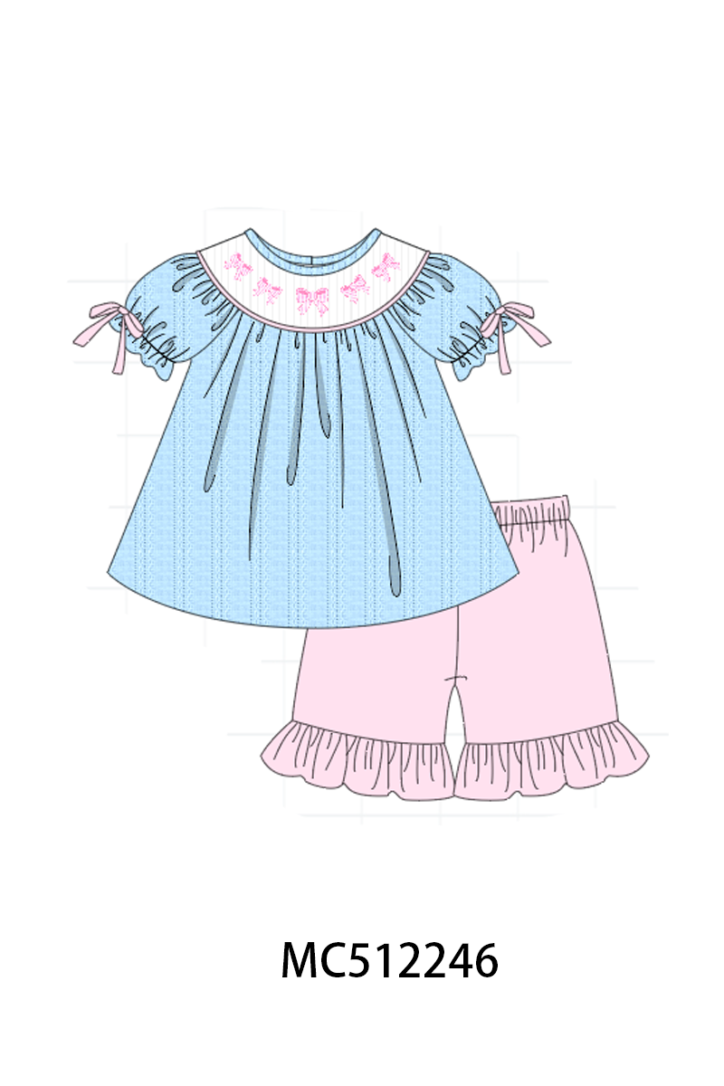 PO76 Blue bow embroidery smocked collection