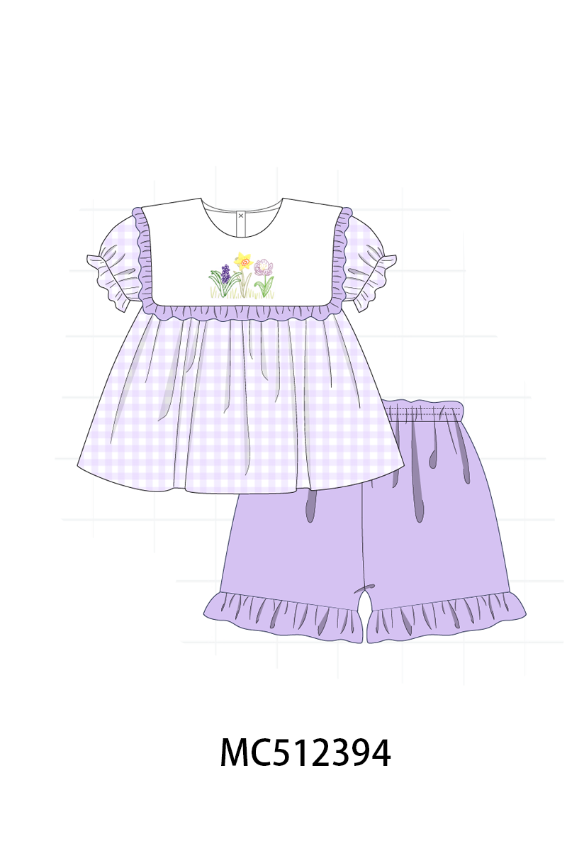 PO76 Purple floral embroidery gingham collection