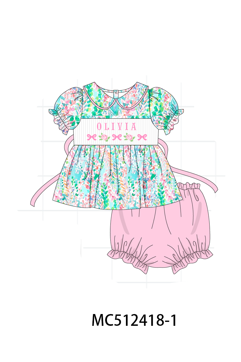 PO76 Green bow floral monogram smocked collection