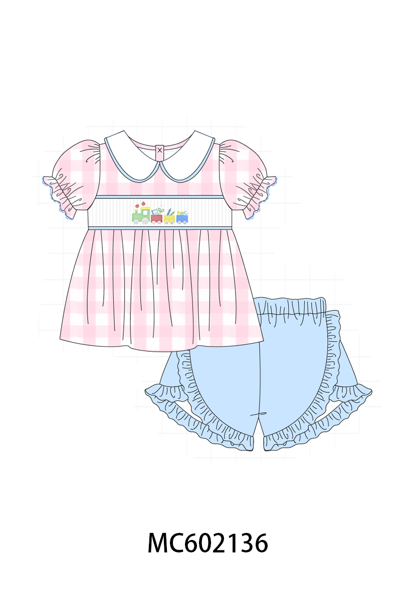 PO81 Pink&blue school train embroidery gingham collection