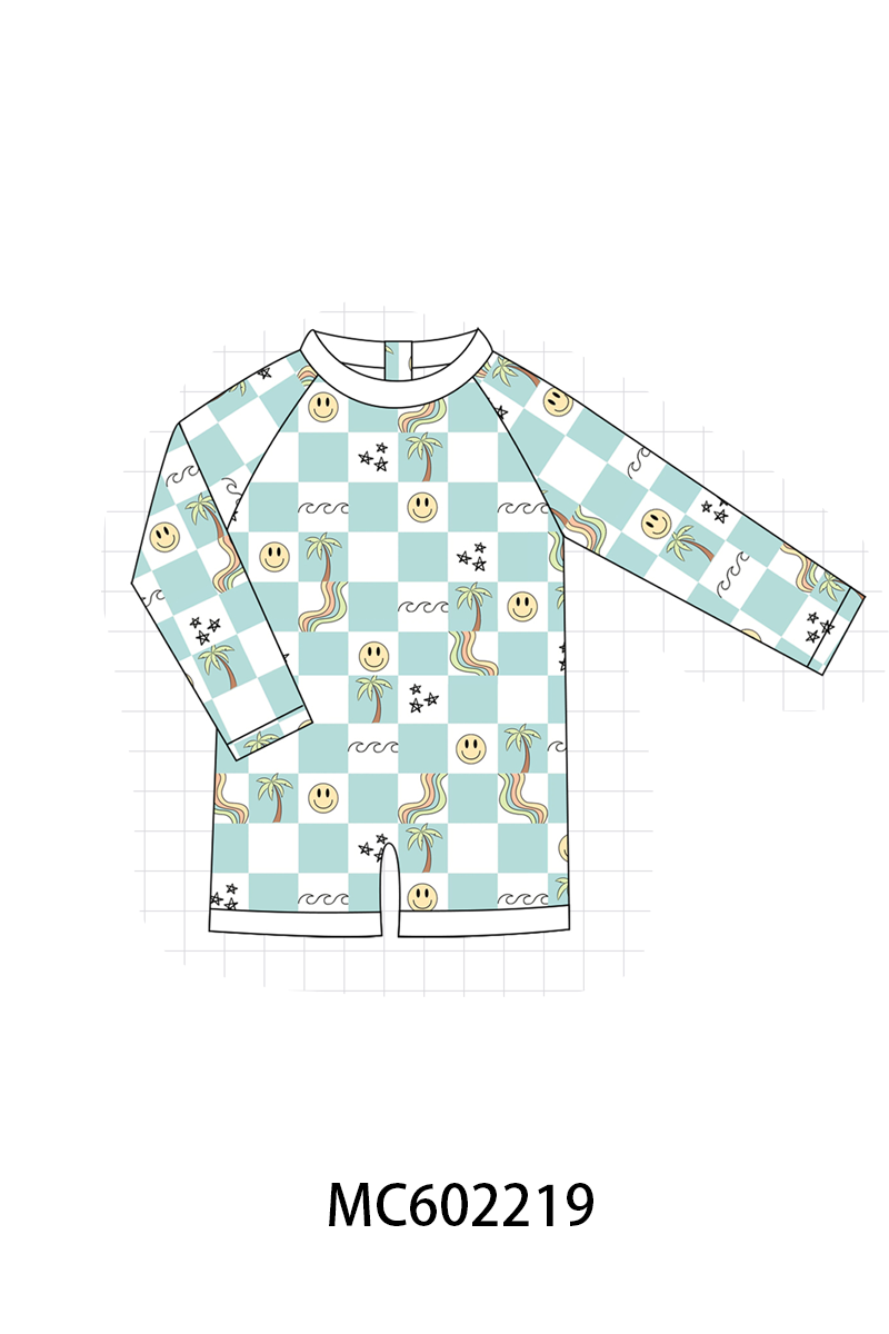 PO81 Blue checkered smile print swimsuit collection