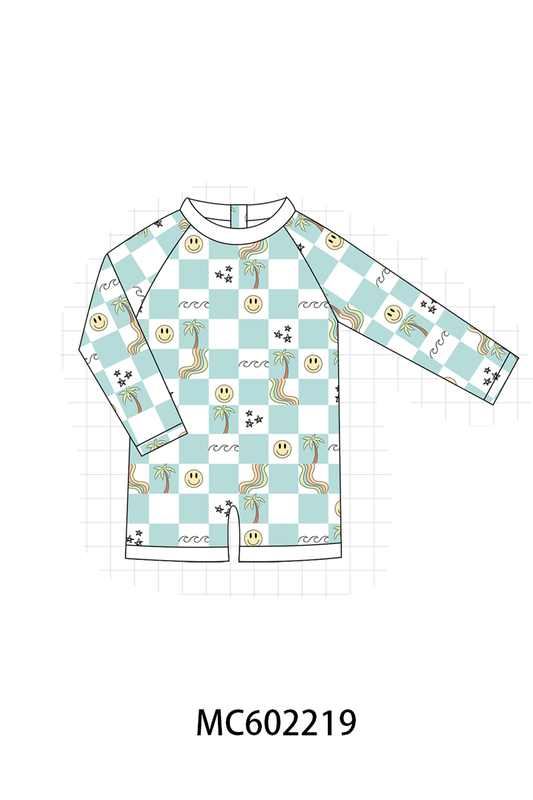 PO81 Blue checkered smile print swimsuit collection