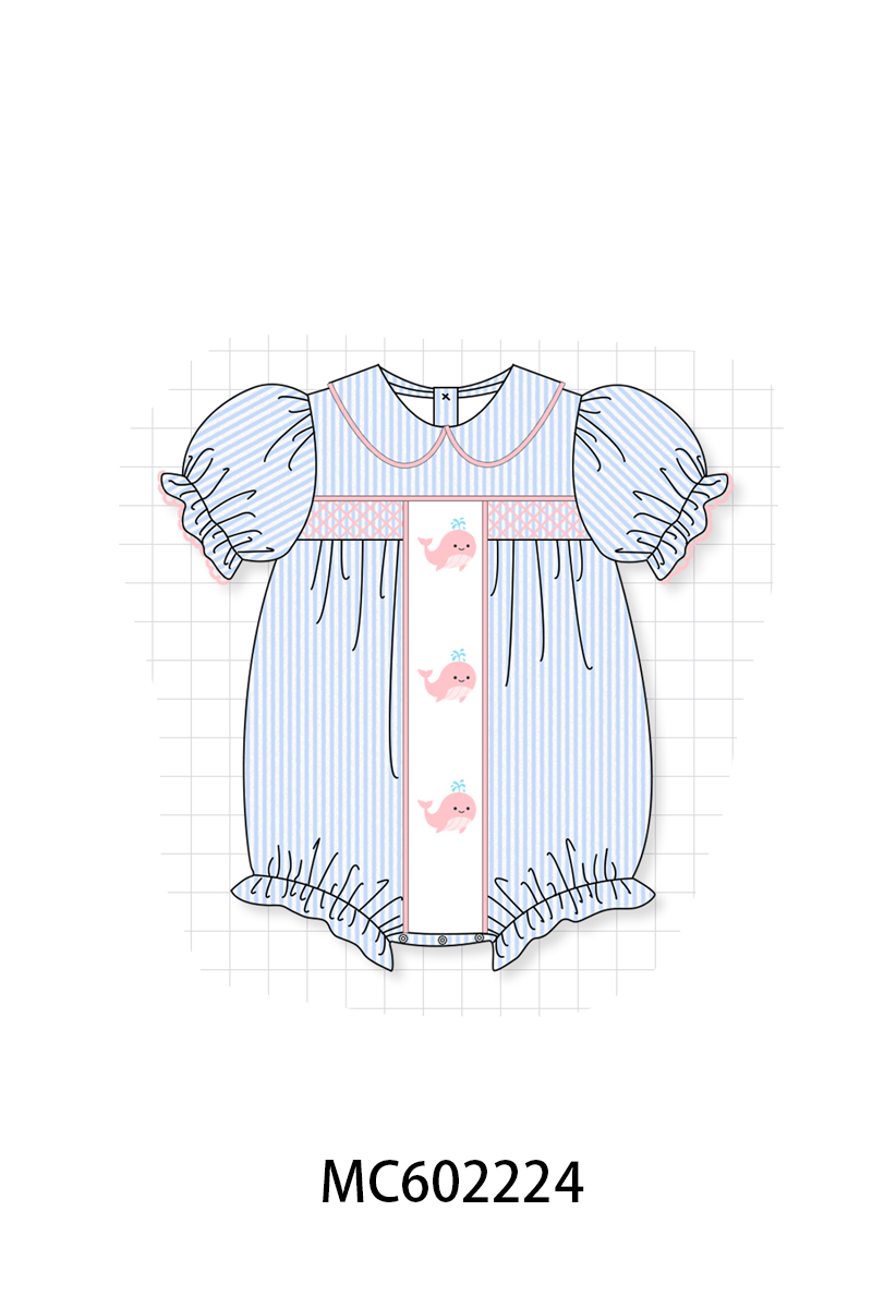 PO81 Blue stripe seersucker whale embroidery smocked collection