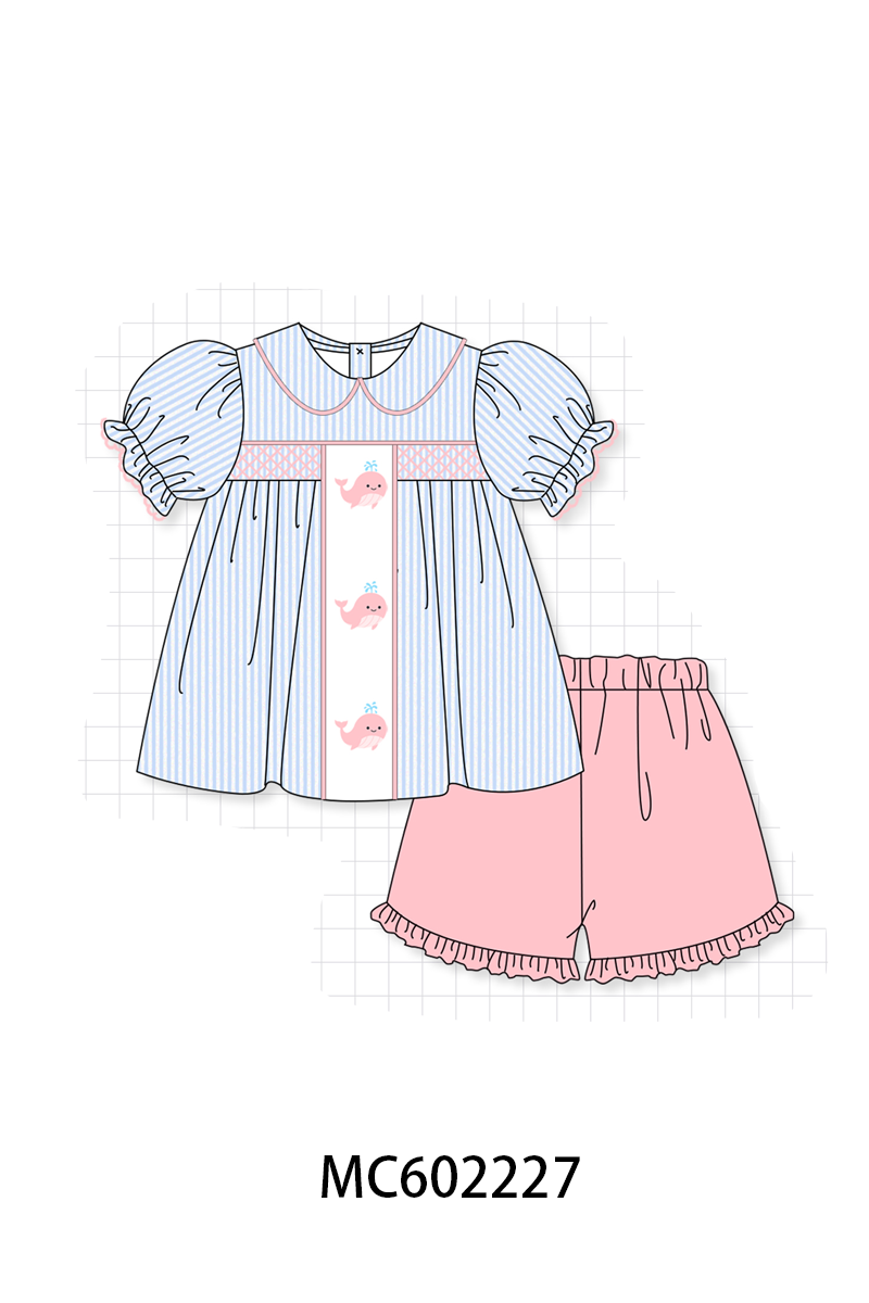PO81 Blue stripe seersucker whale embroidery smocked collection