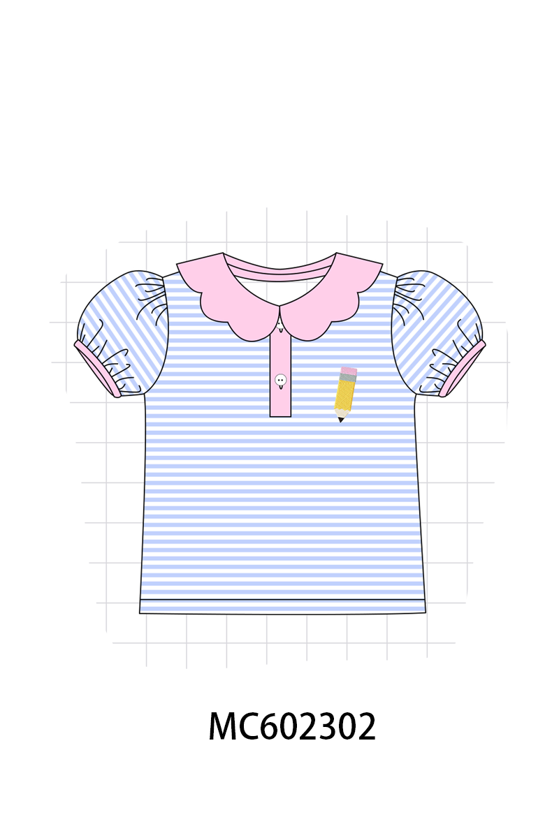 PO81 Back to school pencil apple bus embroidery stripe top collection
