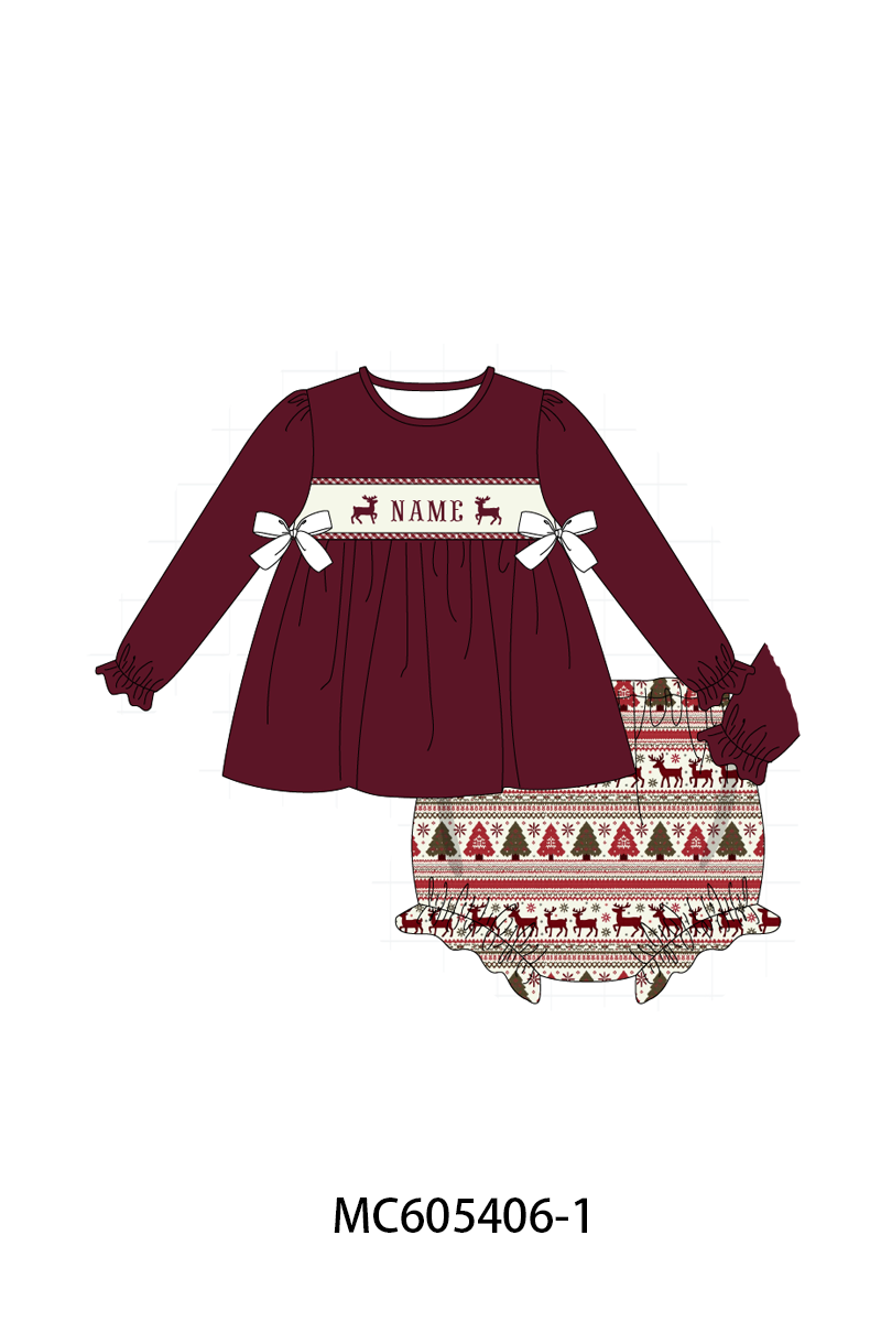 PO93 Maroon tree reindeer monogram embroidery collection